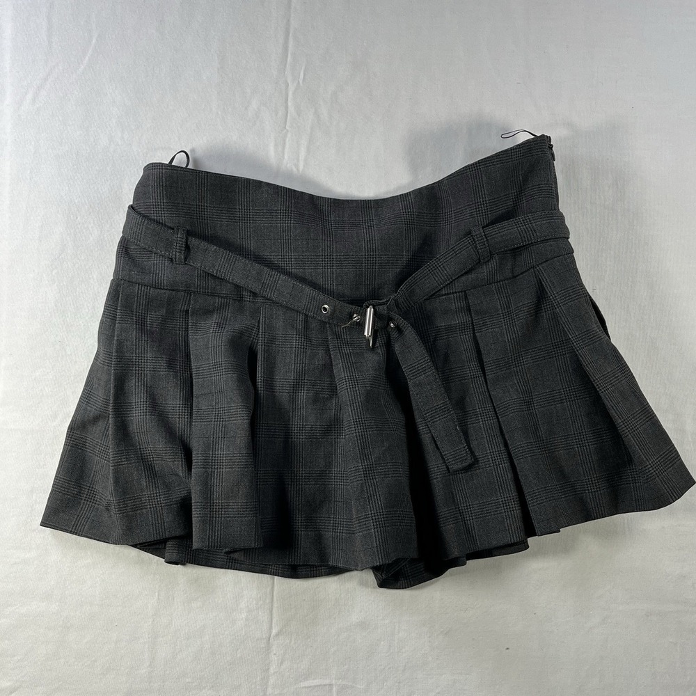 ZARA PLEATED BLACK CHECK MINI SKIRT BELT DECO SIZE LARGE